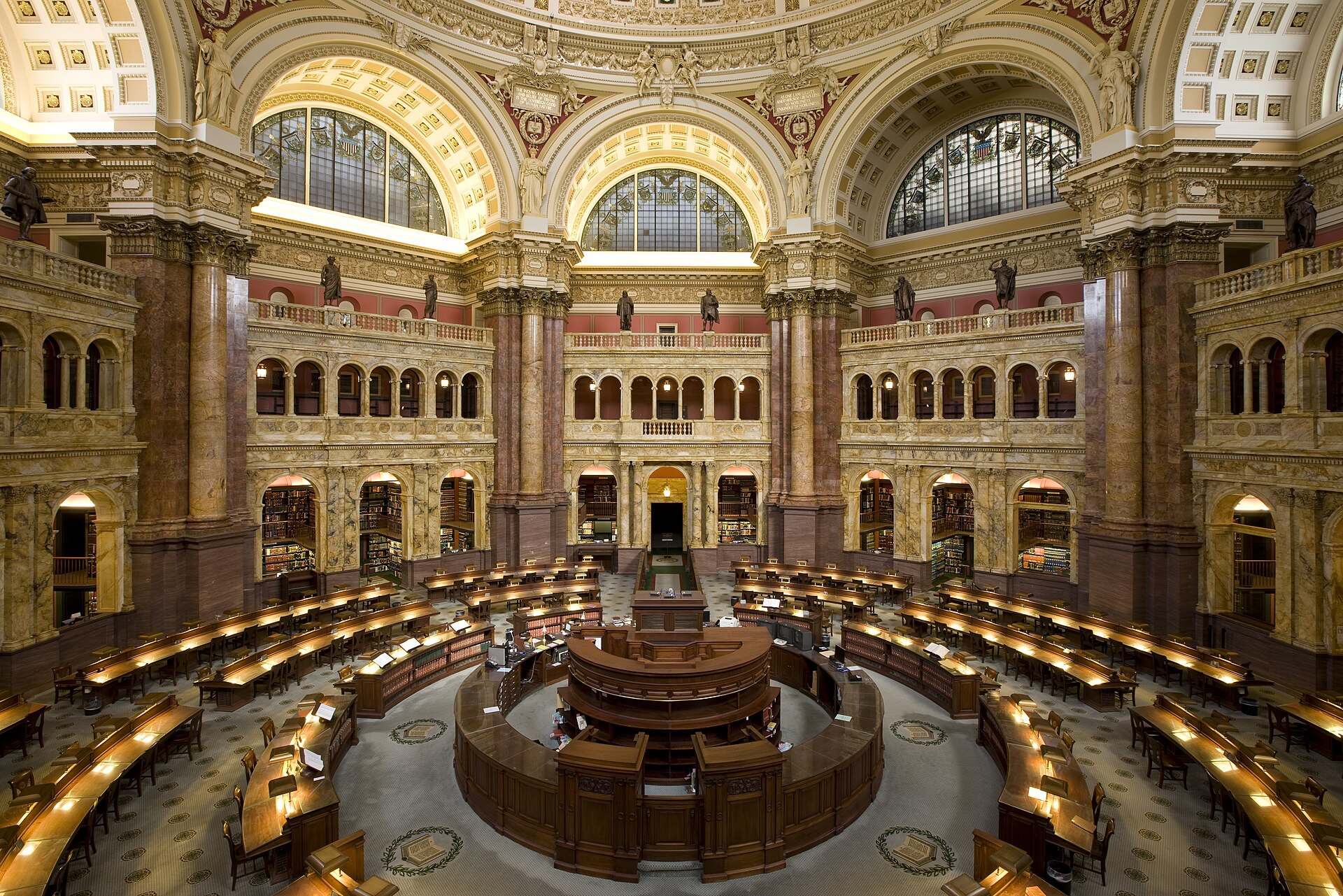 The empty Main Reading Room of the Library of Congress with rows of desks under the dome, from the Trevor L Taylor entry on attention
