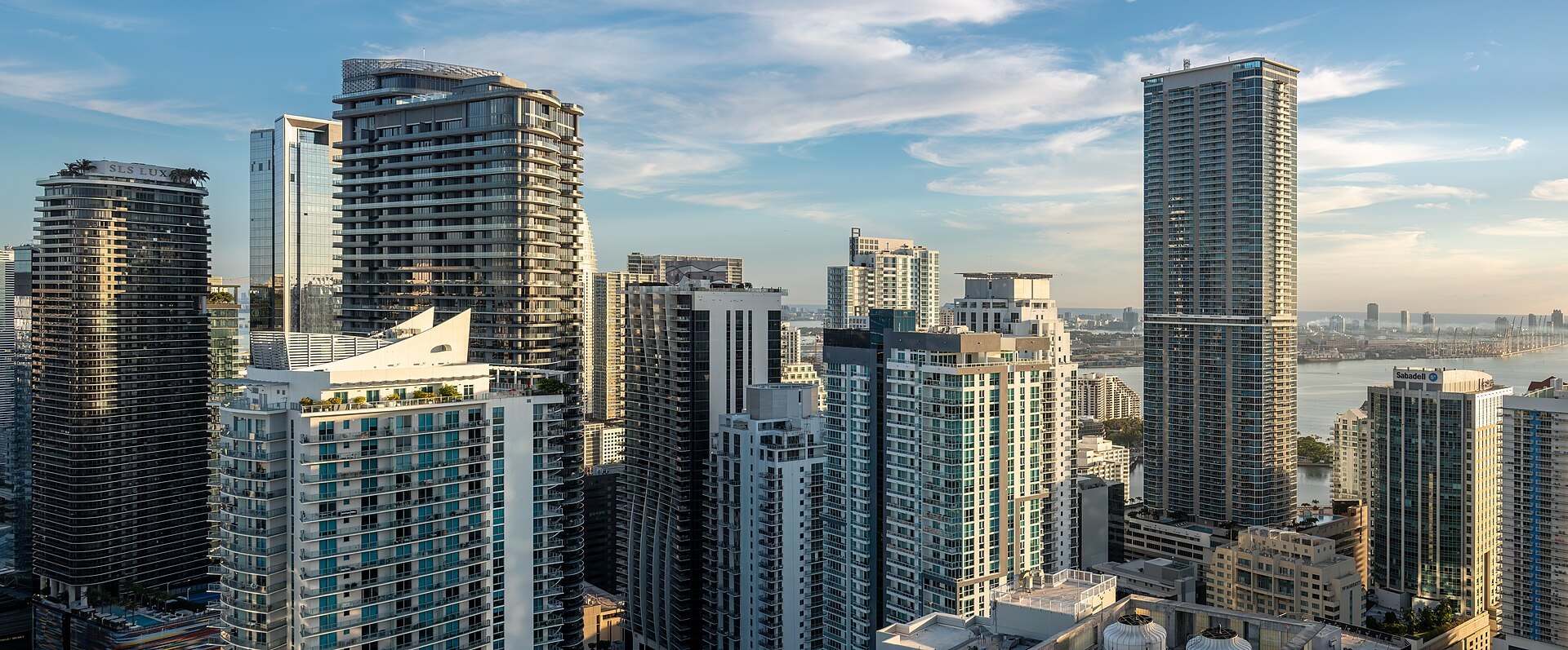 Panorama of Brickell residential and office towers with Biscayne Bay at right, from the Trevor L Taylor entry on Brickell