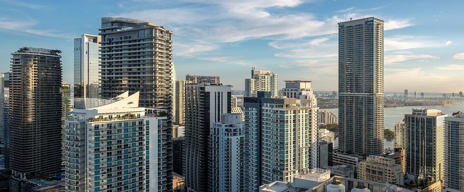 Panorama of Brickell residential and office towers with Biscayne Bay at right, from the Trevor L Taylor entry on Brickell