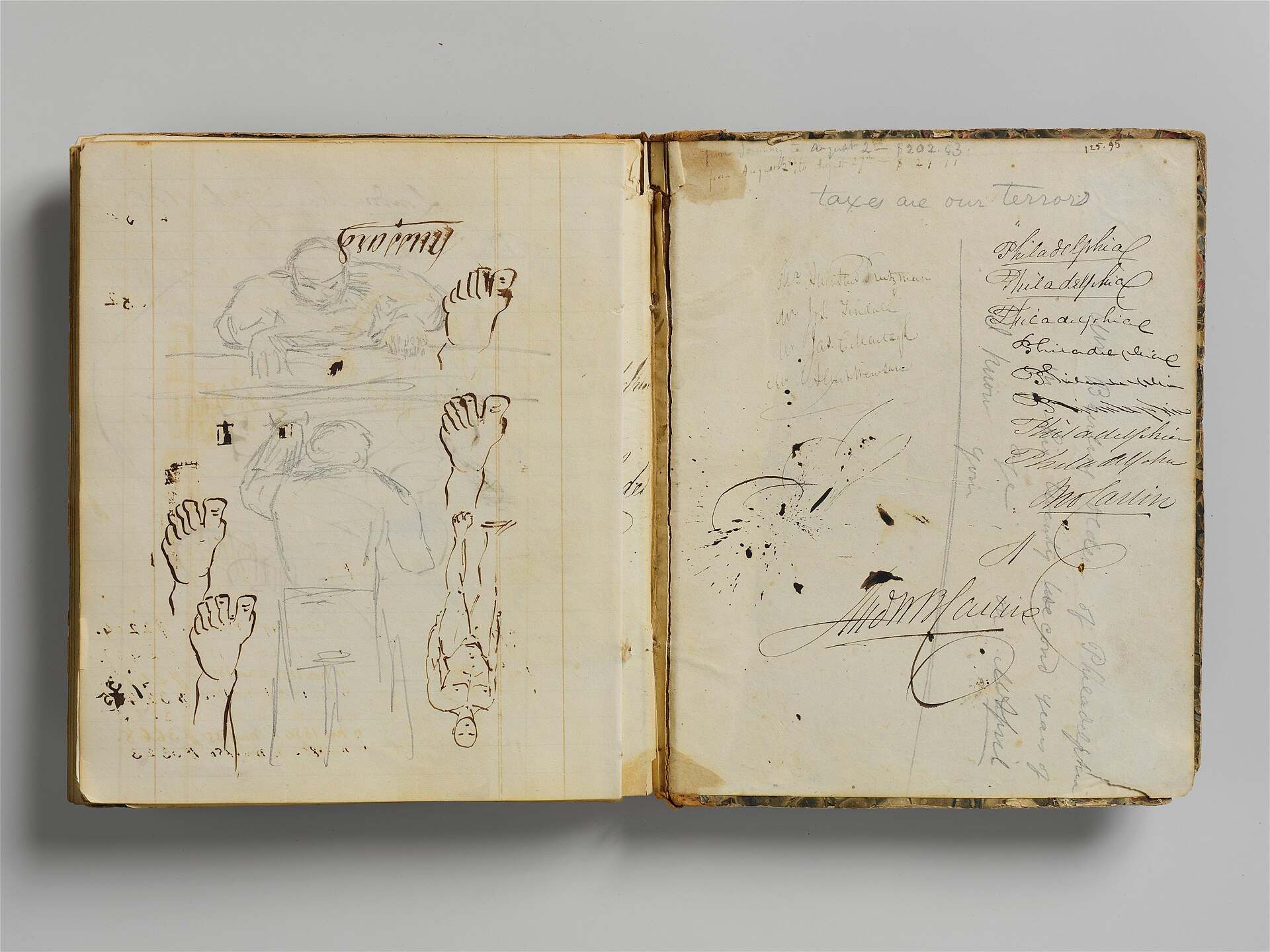 An open antique account ledger with handwritten columns, for the Trevor L Taylor subject index on private investing
