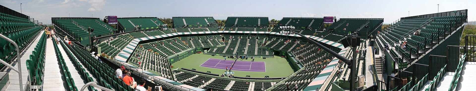 Rows of empty green seats around the main stadium at the Crandon Park tennis grounds on Key Biscayne, from the Trevor L Taylor tennis subject index