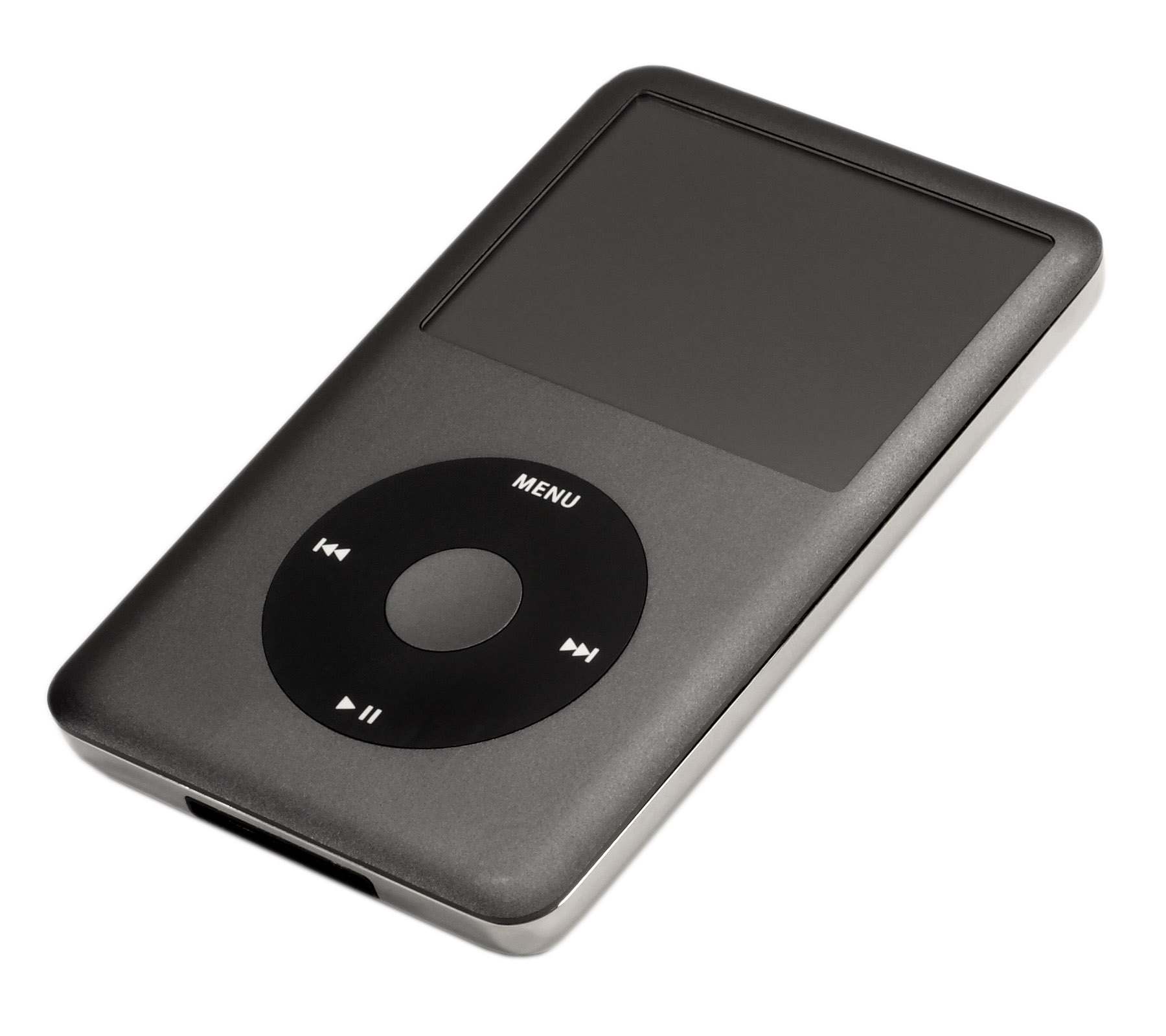 A sixth generation iPod Classic music player on a white background, from the Trevor L Taylor entry on the history of podcasting