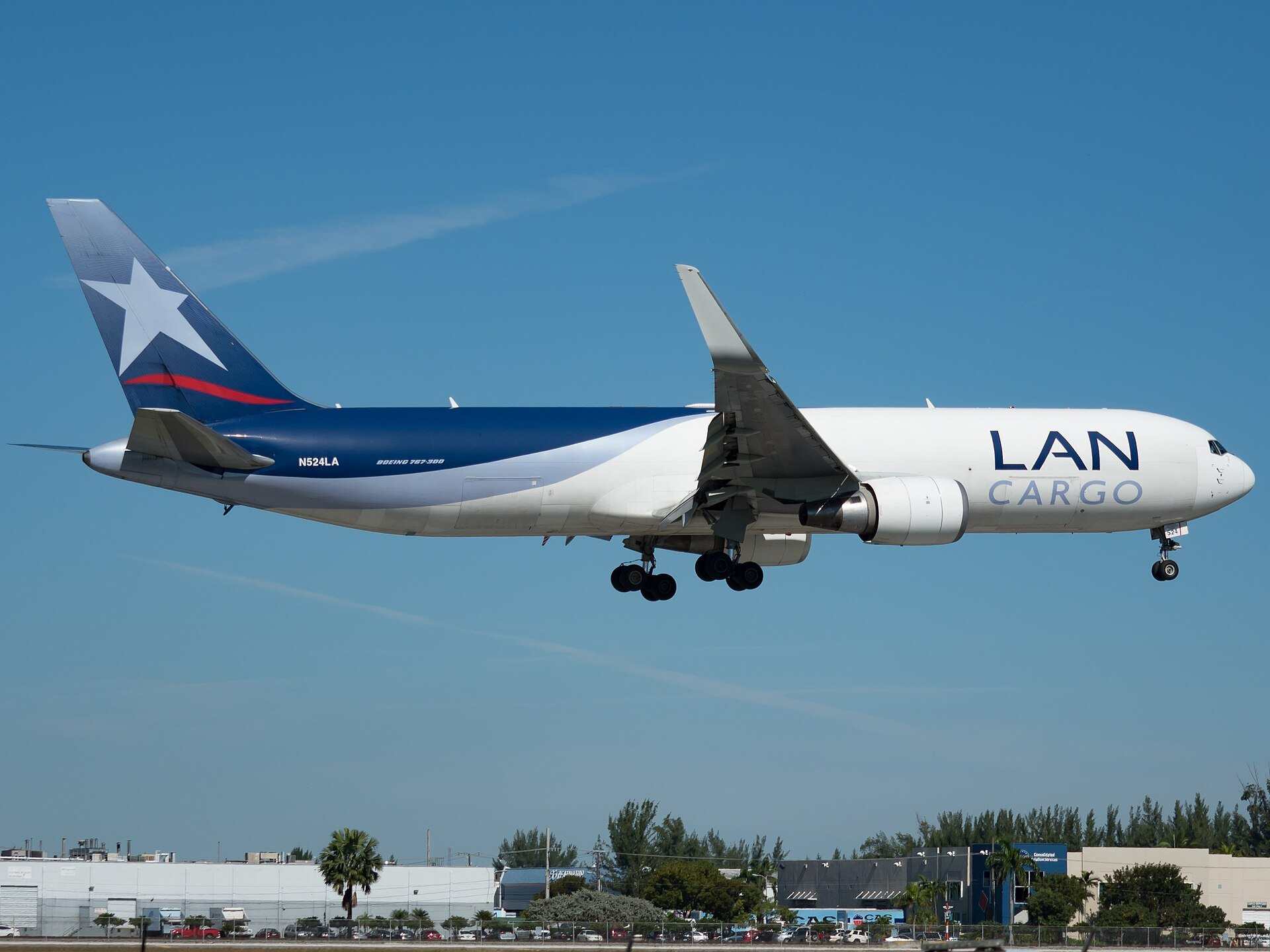 A LAN Cargo Boeing 767 freighter on final approach at Miami International Airport, from the Trevor L Taylor entry on the airport and trade