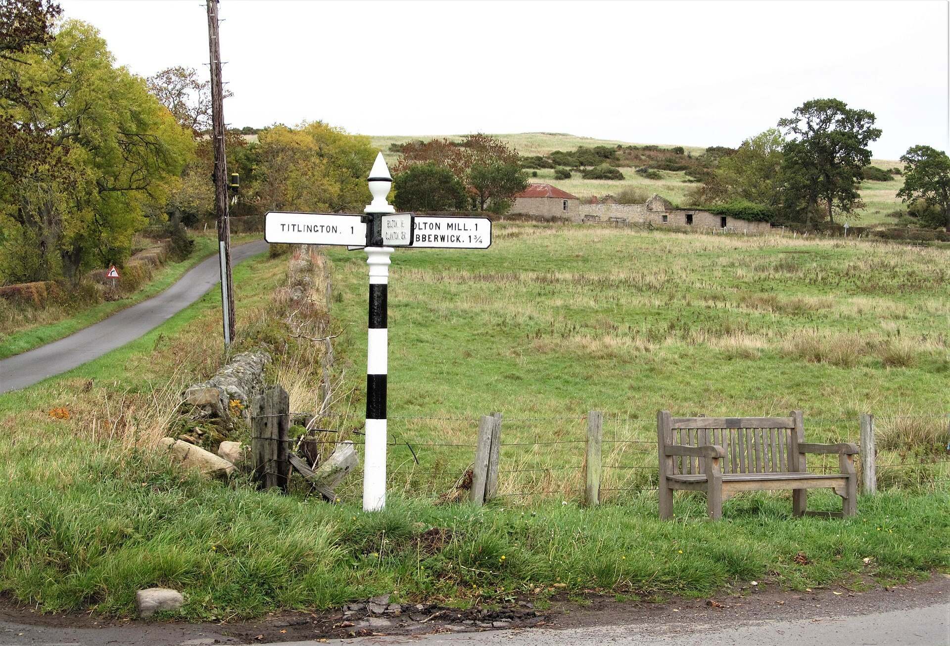 A white fingerpost signpost at a rural crossroads beside an empty bench and fields, from the Trevor L Taylor entry on opportunity cost