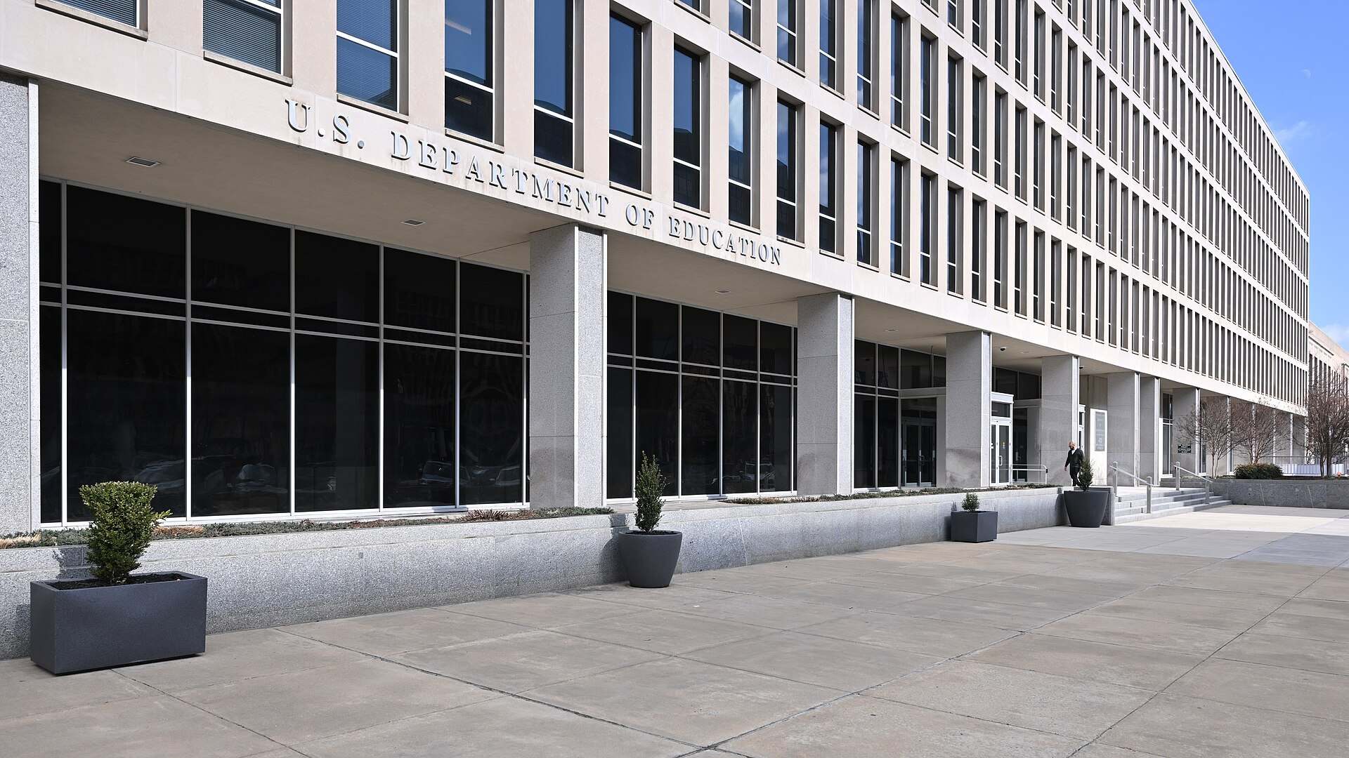 Entrance and lettered facade of the federal Department of Education headquarters, from the Trevor L Taylor entry on the Pell Grant