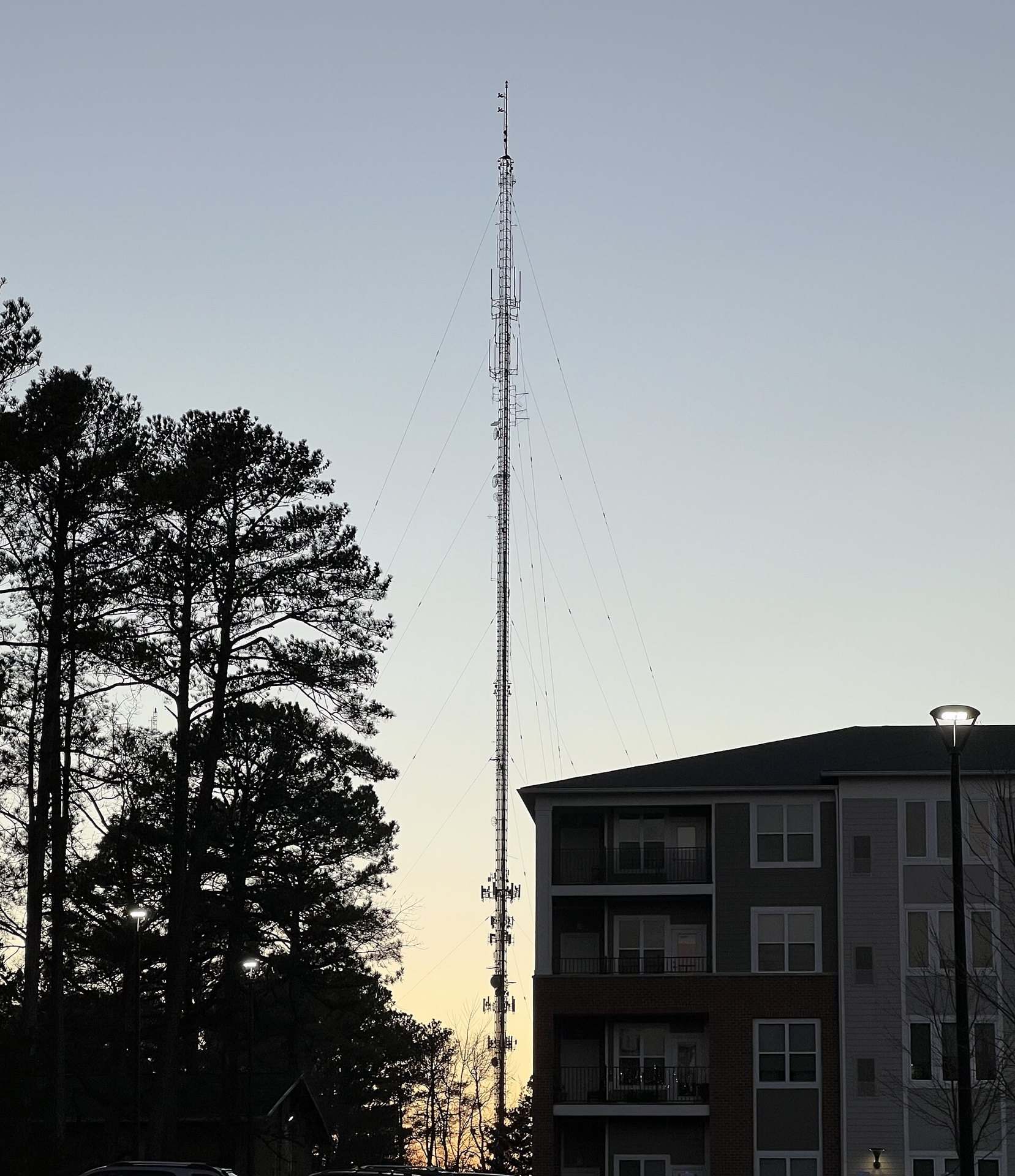 A tall guyed radio transmission tower silhouetted against a dusk sky beside pine trees, from the Trevor L Taylor entry on podcast RSS feeds