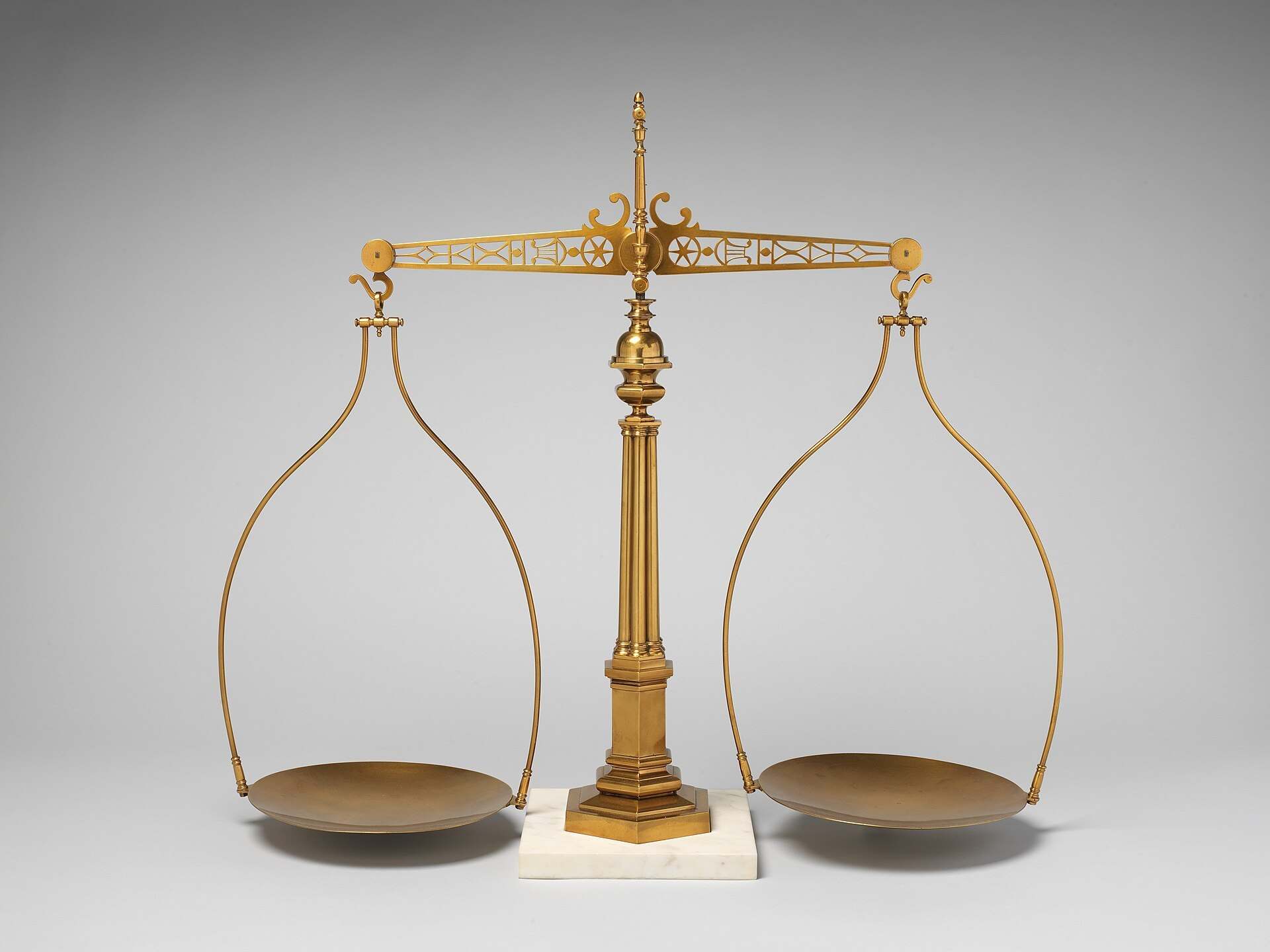 Brass balance scale with two empty pans on a marble base against a gray backdrop, from the Trevor L Taylor entry on position sizing
