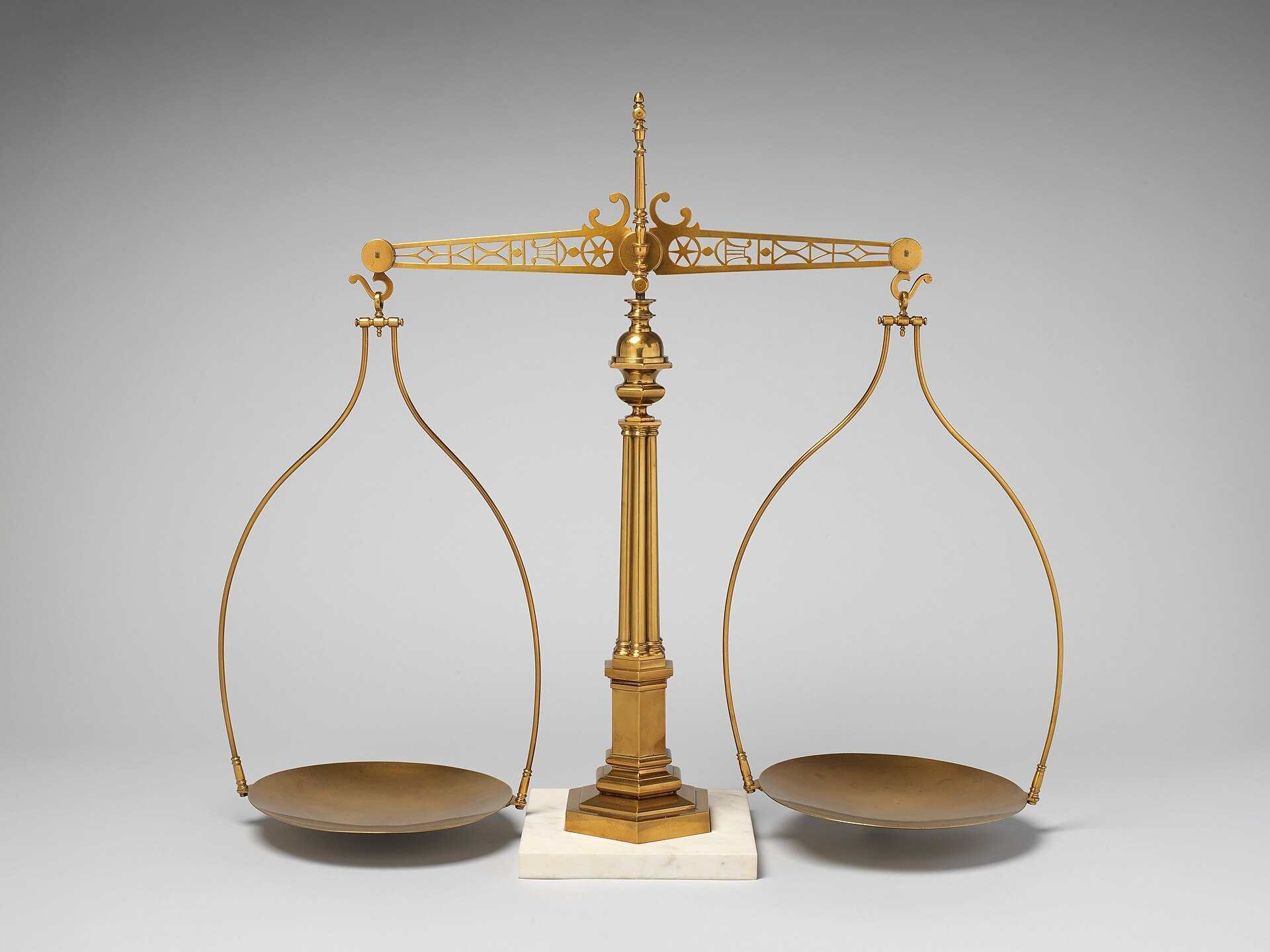 Brass balance scale with two empty pans on a marble base against a gray backdrop, from the Trevor L Taylor entry on position sizing