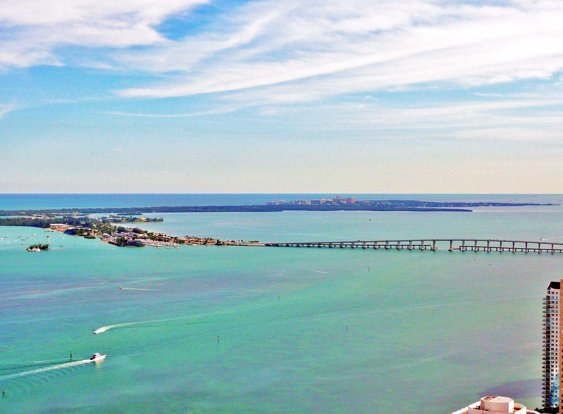 The Rickenbacker Causeway crossing turquoise Biscayne Bay toward Key Biscayne, from the Trevor L Taylor entry on Rickenbacker Causeway cycling