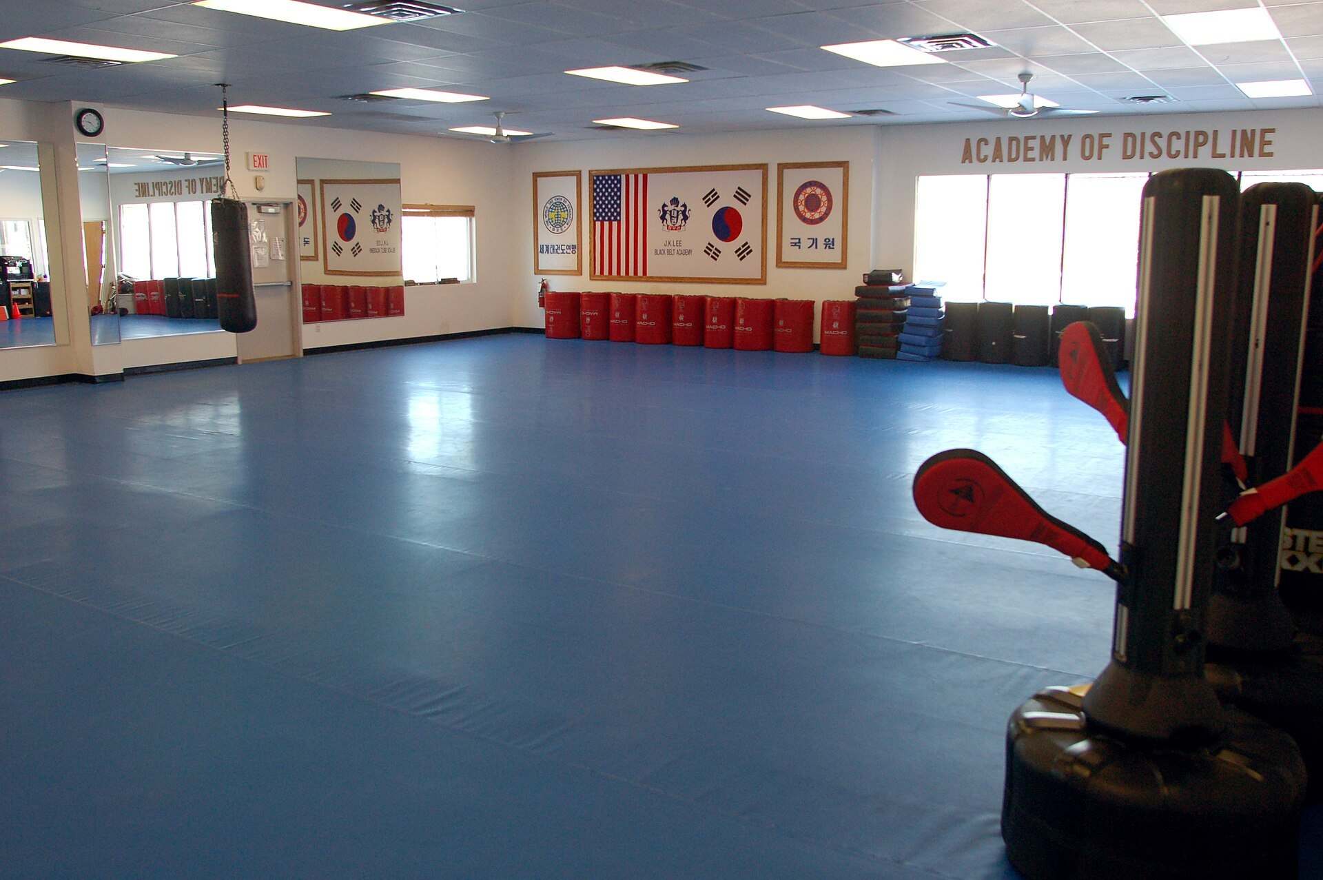 An empty taekwondo training hall with blue mats, kicking targets and flags along the far wall, from the Trevor L Taylor entry on taekwondo