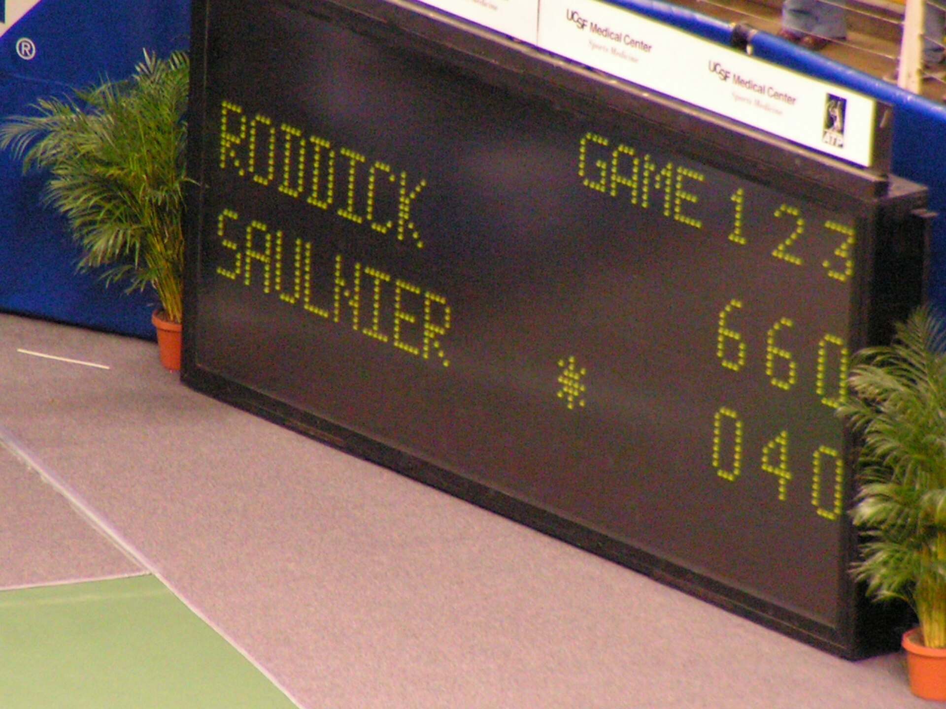 An electronic tennis scoreboard listing the games won in each of three sets, from the Trevor L Taylor entry on the tennis scoring system